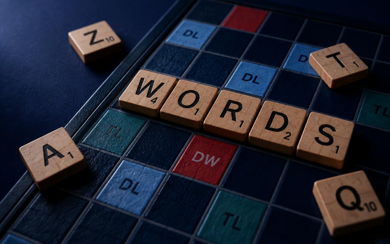Wooden letter tiles spelling WORDS on a game board